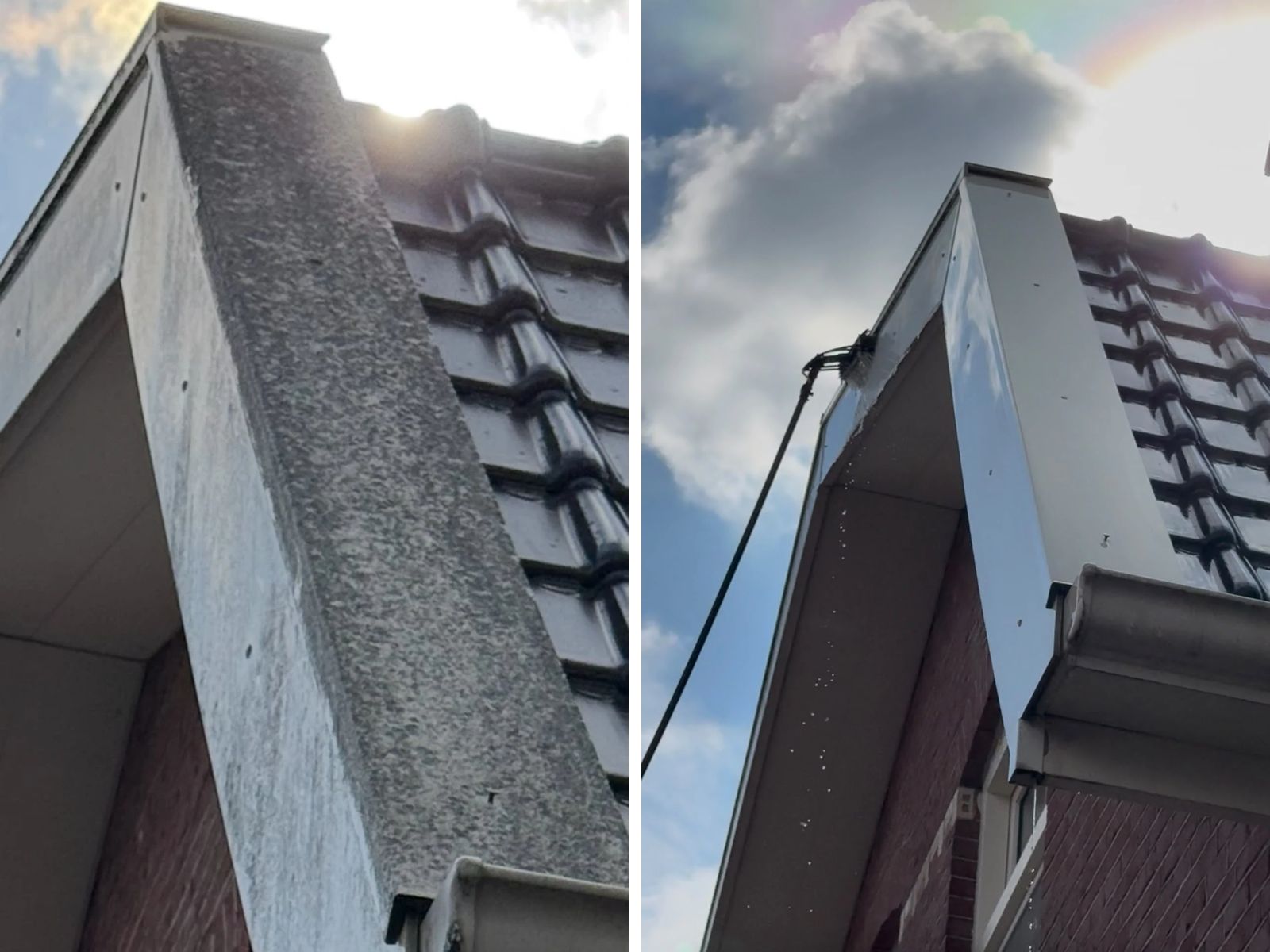 Zijwang van een dakkapel vol aanslag voor de reiniging, en schoon na reiniging met een telescoopborstel
