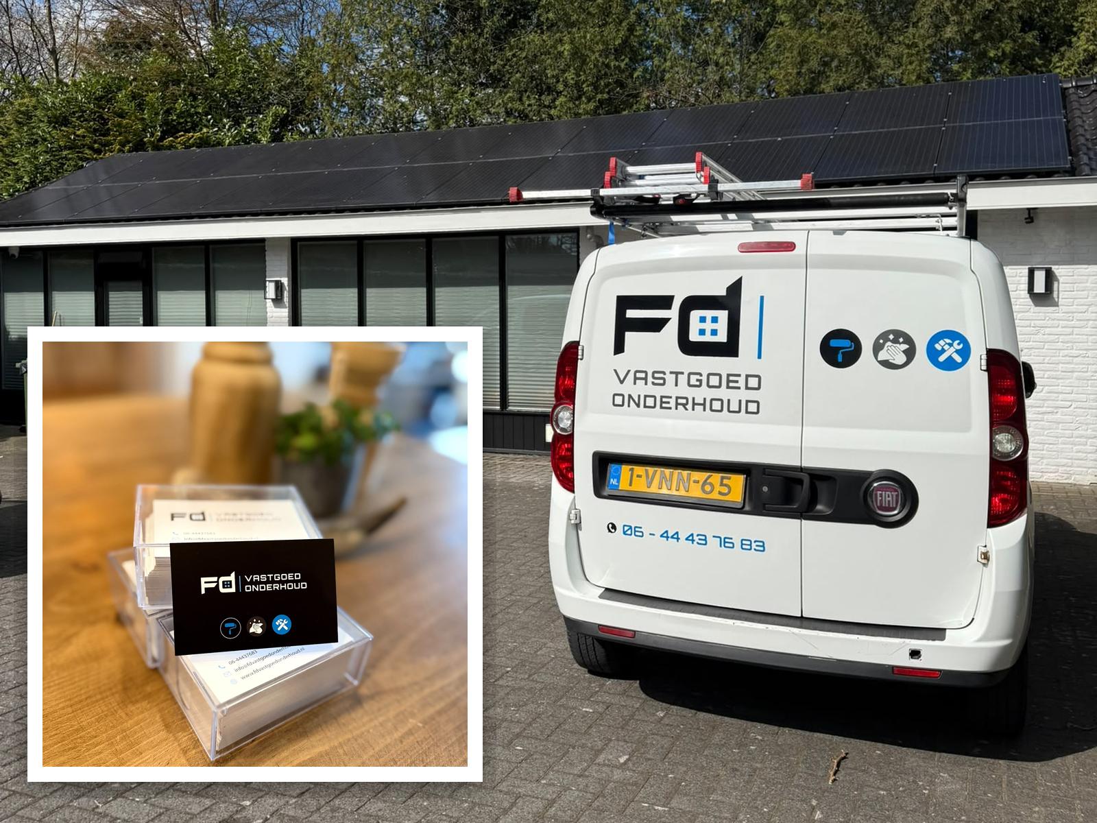 De bus van FD Vastgoed Onderhoud op locatie, met de visitekaartjes van het bedrijf